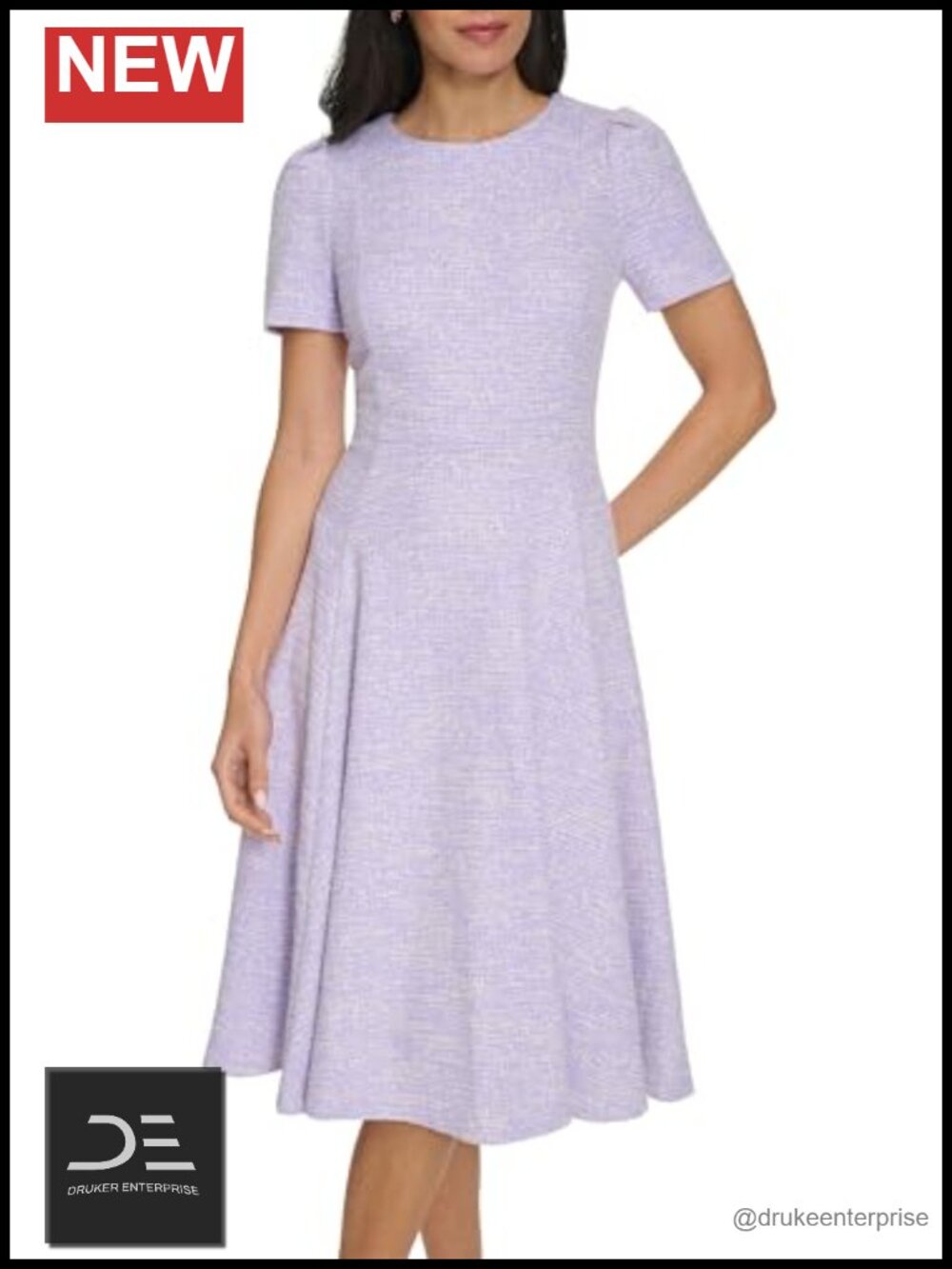 Calvin Klein Short Sleeve Round Neck Tweed A-Line Knee-Length Dress